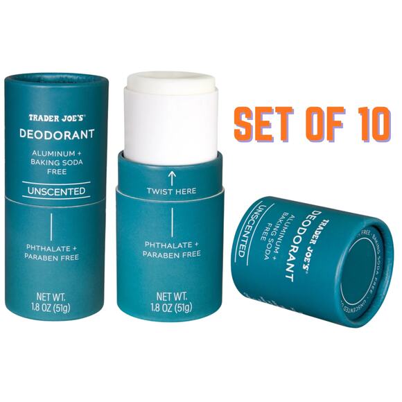 Set of 10 Trader Joe's Unscented Deodorant Paraben Aluminum Baking Soda Free NEW